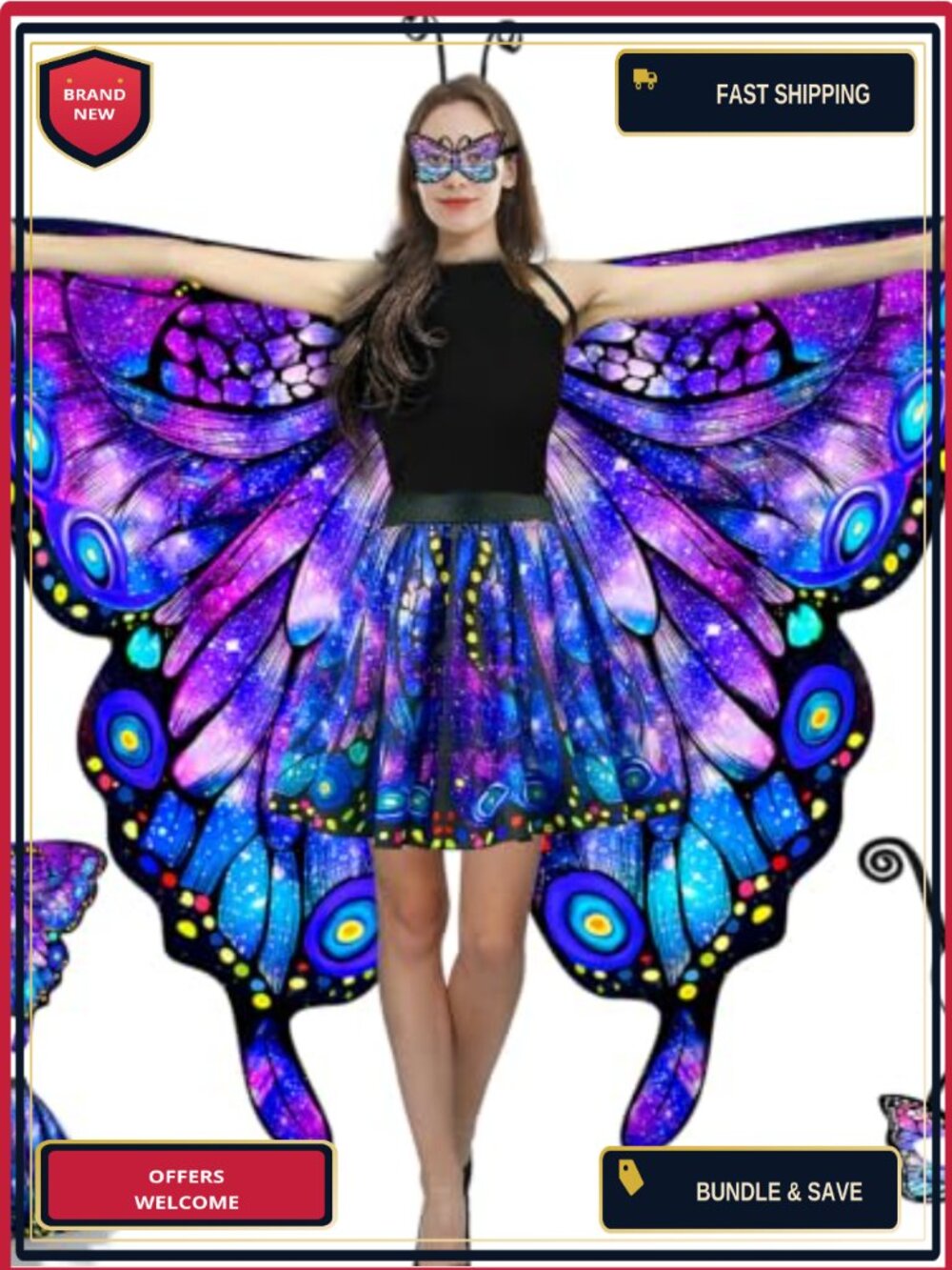 Butterfly Wings Costume Set for Women with Skirt Mask Headband - Adult Halloween